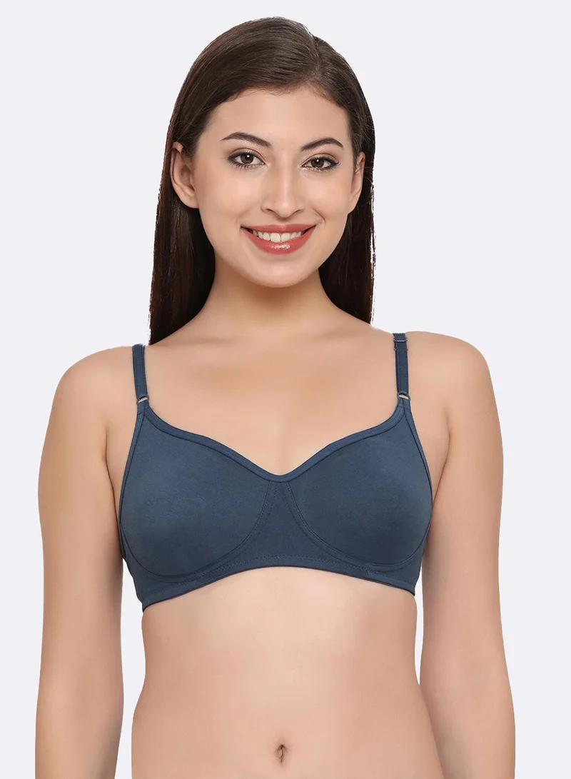 Clovia Non-Padded Non-Wired Full Coverage T-Shirt Bra in Navy Blue - Cotton